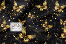 Laden Sie das Bild in den Galerie-Viewer, Golden Glow Baumwolljersey mit goldenen Schmetterlingen | Eleganter Jersey Stoff Schwarz Gold