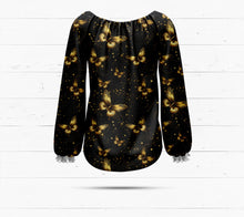 Laden Sie das Bild in den Galerie-Viewer, Golden Glow Baumwolljersey mit goldenen Schmetterlingen | Eleganter Jersey Stoff Schwarz Gold