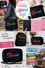 Laden Sie das Bild in den Galerie-Viewer, Pinterest optimierte Produktcollage mit Softshell Taschenpanel Karma und genähten Taschenbeispielen für Handmade-Projekte