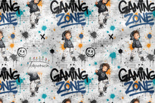 Laden Sie das Bild in den Galerie-Viewer, Baumwolljersey Gaming Zone – 54462 – Gaming-Motive auf Weiß. Stoffmuster.