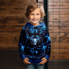 Laden Sie das Bild in den Galerie-Viewer, French Terry Panel Dragon Blau – Blauer Drache auf dunkler Felsoptik. Kleidungs-Mockup: Junge im Hoodie.