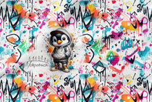 Laden Sie das Bild in den Galerie-Viewer, French Terry Panel Graffiti Pinguin Grau – Grauer Pinguin vor buntem Graffiti. Panelübersicht.