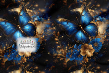 Laden Sie das Bild in den Galerie-Viewer, Baumwolljersey Schmetterlinge Blau Gold | Blumen Jersey Stoff | 220 g/m²
