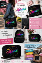 Laden Sie das Bild in den Galerie-Viewer, Pinterest optimierte Produktcollage mit Softshell Taschenpanel Karma und genähten Taschenbeispielen für Handmade-Projekte
