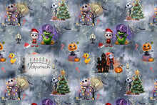 Laden Sie das Bild in den Galerie-Viewer, Baumwolljersey Spooky Christmas – 26080311 – Bunte gruselige Weihnachtsmotive auf dunklem Grund. Stoffmuster.
