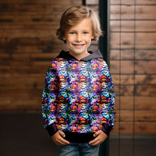 Laden Sie das Bild in den Galerie-Viewer, Nähinspiration: Kinder-Hoodie aus French Terry Neon Halloween mit schwarzer Kapuze und Bündchen
