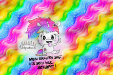 Laden Sie das Bild in den Galerie-Viewer, French Terry Panel Mein Einhorn sagt (FTP-54597-B) – freches Einhorn mit dem Spruch „Mein Einhorn sagt ihr seid alle bekloppt!“ auf bunten Regenbogenwellen.
