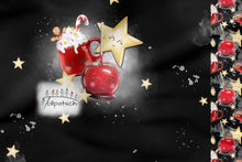 Laden Sie das Bild in den Galerie-Viewer, French Terry Panel Süße Weihnachtszeit – 54459 A – Weihnachtsmotiv mit Stern auf Schwarz. Stoffmuster.
