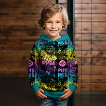 Laden Sie das Bild in den Galerie-Viewer, French Terry Punk Rebel Graffiti – Bunte Punk-Schriftzüge, Ketten und Graffiti. Kleidungs-Mockup: Junge im Hoodie.
