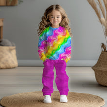Laden Sie das Bild in den Galerie-Viewer, French Terry Rainbow Waves (FT-54597) – Pullover-Mockup mit buntem Stoffdesign und pinker Hose.
